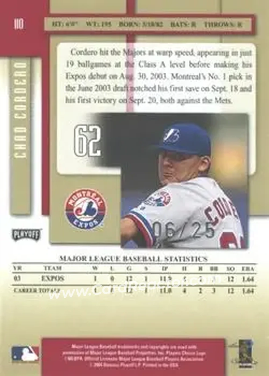2004 Playoff Prestige - Xtra Bases Red #110 - Chad Cordero - Montreal Expos - Back
