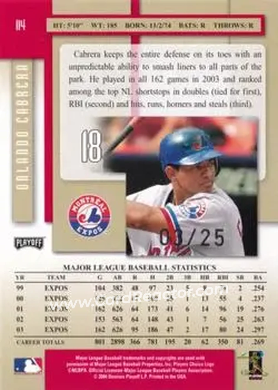 2004 Playoff Prestige - Xtra Bases Red #114 - Orlando Cabrera - Montreal Expos - Back