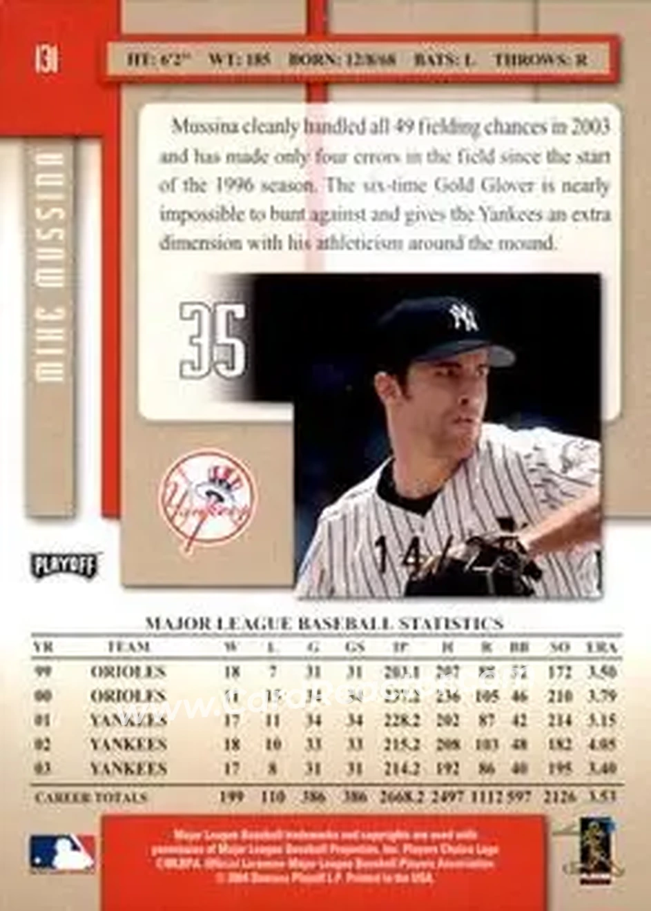 2004 Playoff Prestige - Xtra Bases Red #131 - Mike Mussina - New York Yankees - Back