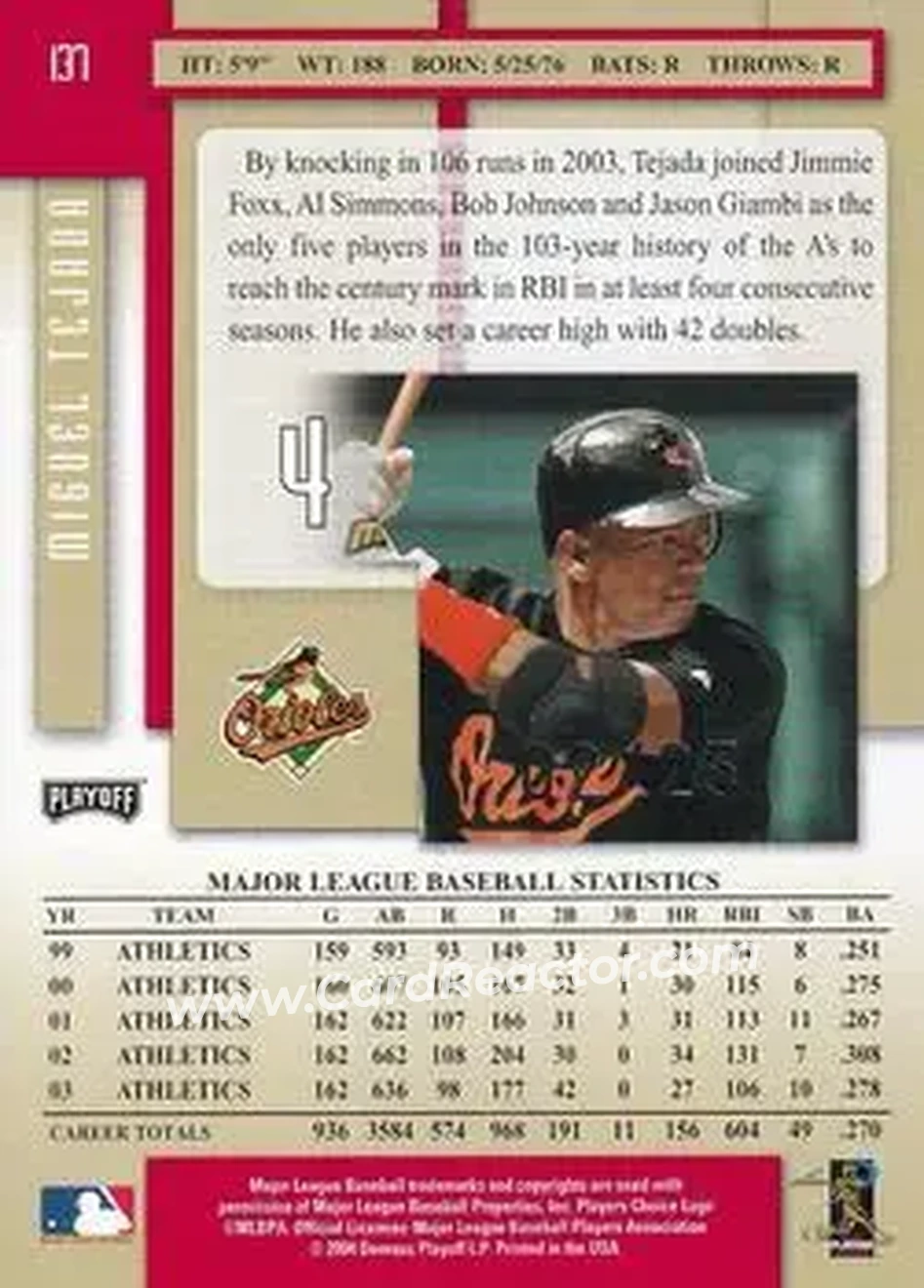 2004 Playoff Prestige - Xtra Bases Red #137 - Miguel Tejada - Baltimore Orioles - Back