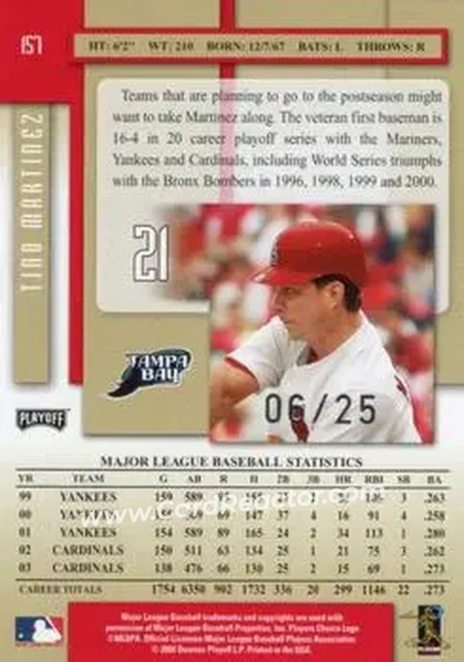 2004 Playoff Prestige - Xtra Bases Red #157 - Tino Martinez - Tampa Bay Devil Rays - Back