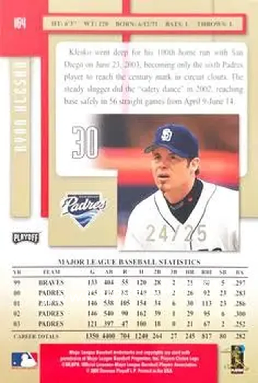 2004 Playoff Prestige - Xtra Bases Red #164 - Ryan Klesko - San Diego Padres - Back