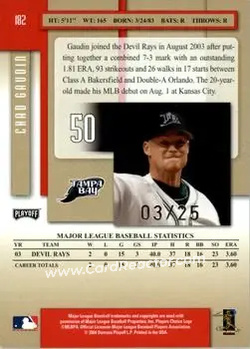 2004 Playoff Prestige - Xtra Bases Red #182 - Chad Gaudin - Tampa Bay Devil Rays - Back
