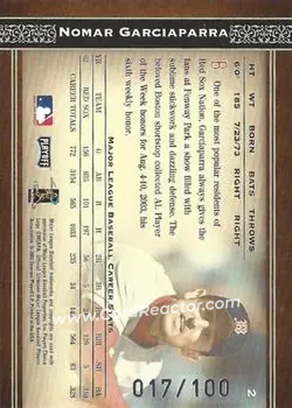 2004 Playoff Prime Cuts - Century #2 - Nomar Garciaparra - Boston Red Sox - Back