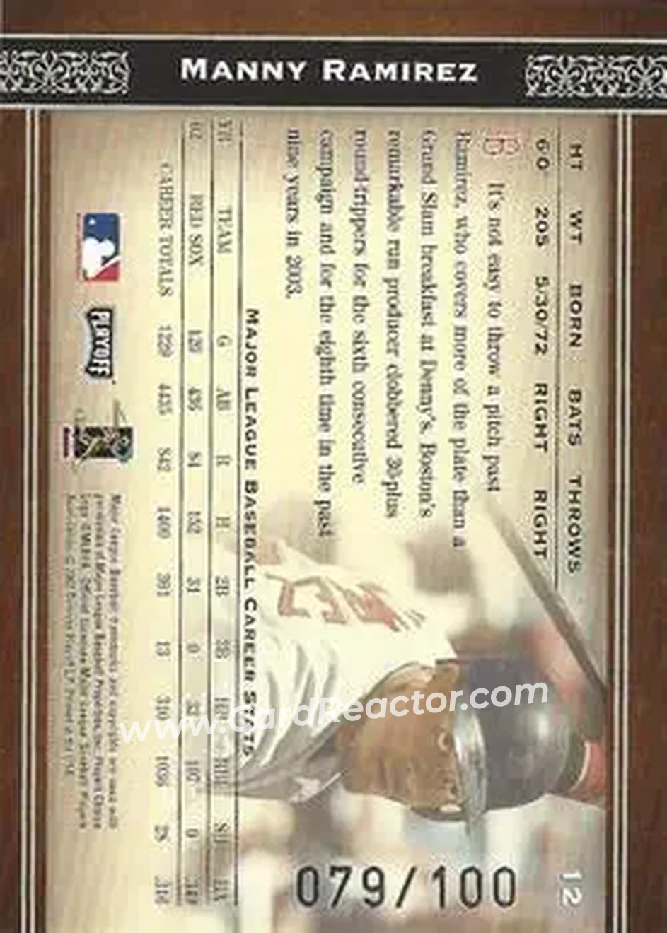 2004 Playoff Prime Cuts - Century #12 - Manny Ramirez - Boston Red Sox - Back