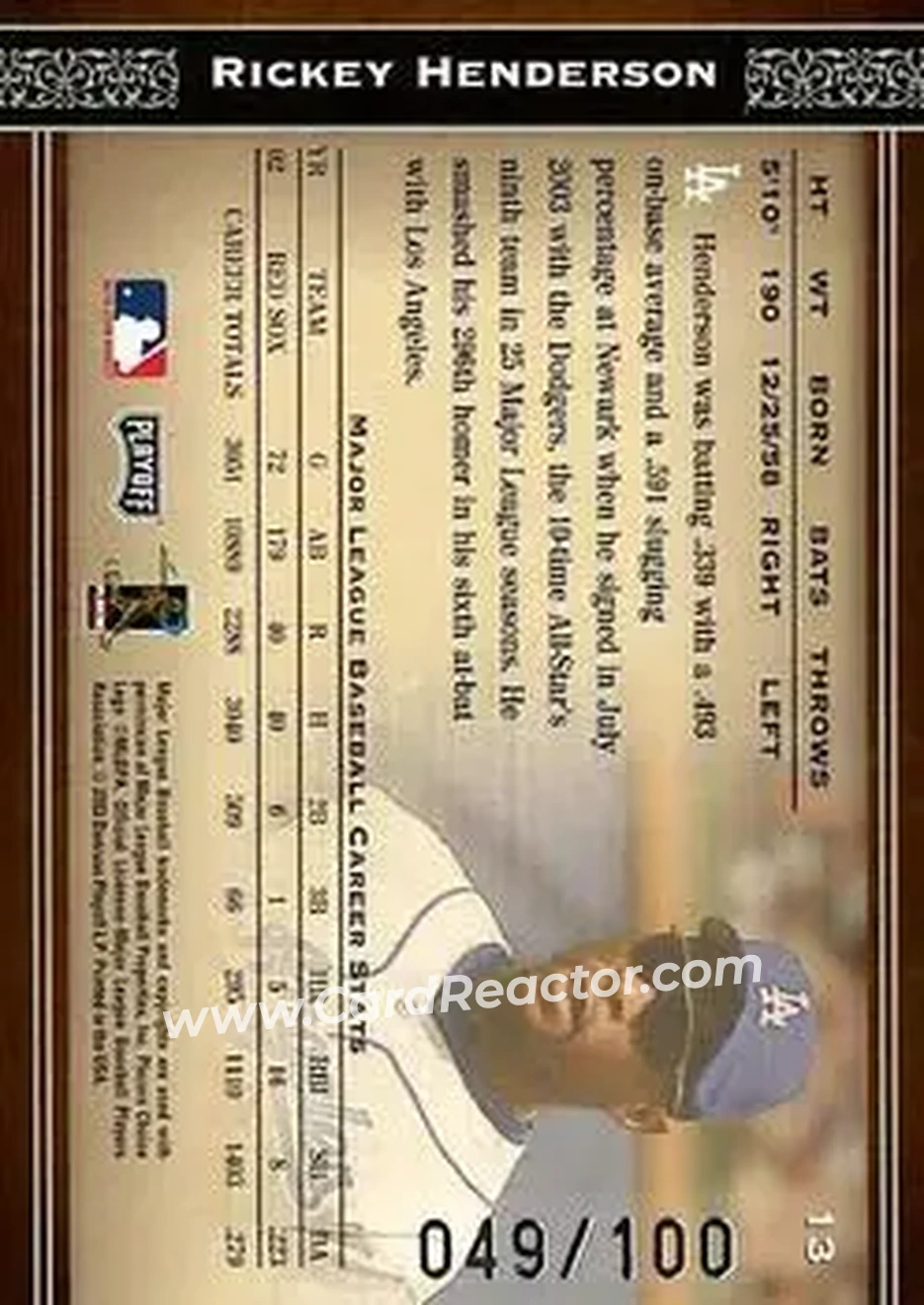 2004 Playoff Prime Cuts - Century #13 - Rickey Henderson - Los Angeles Dodgers - Back