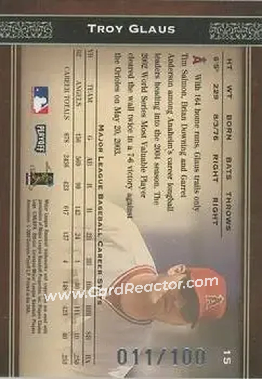 2004 Playoff Prime Cuts - Century #15 - Troy Glaus - Anaheim Angels - Back