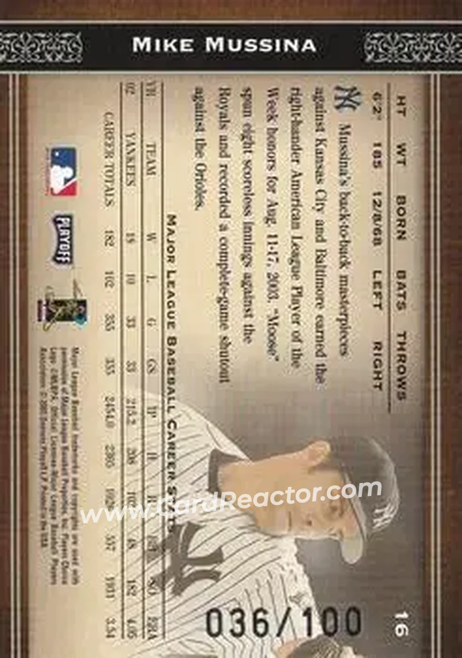 2004 Playoff Prime Cuts - Century #16 - Mike Mussina - New York Yankees - Back