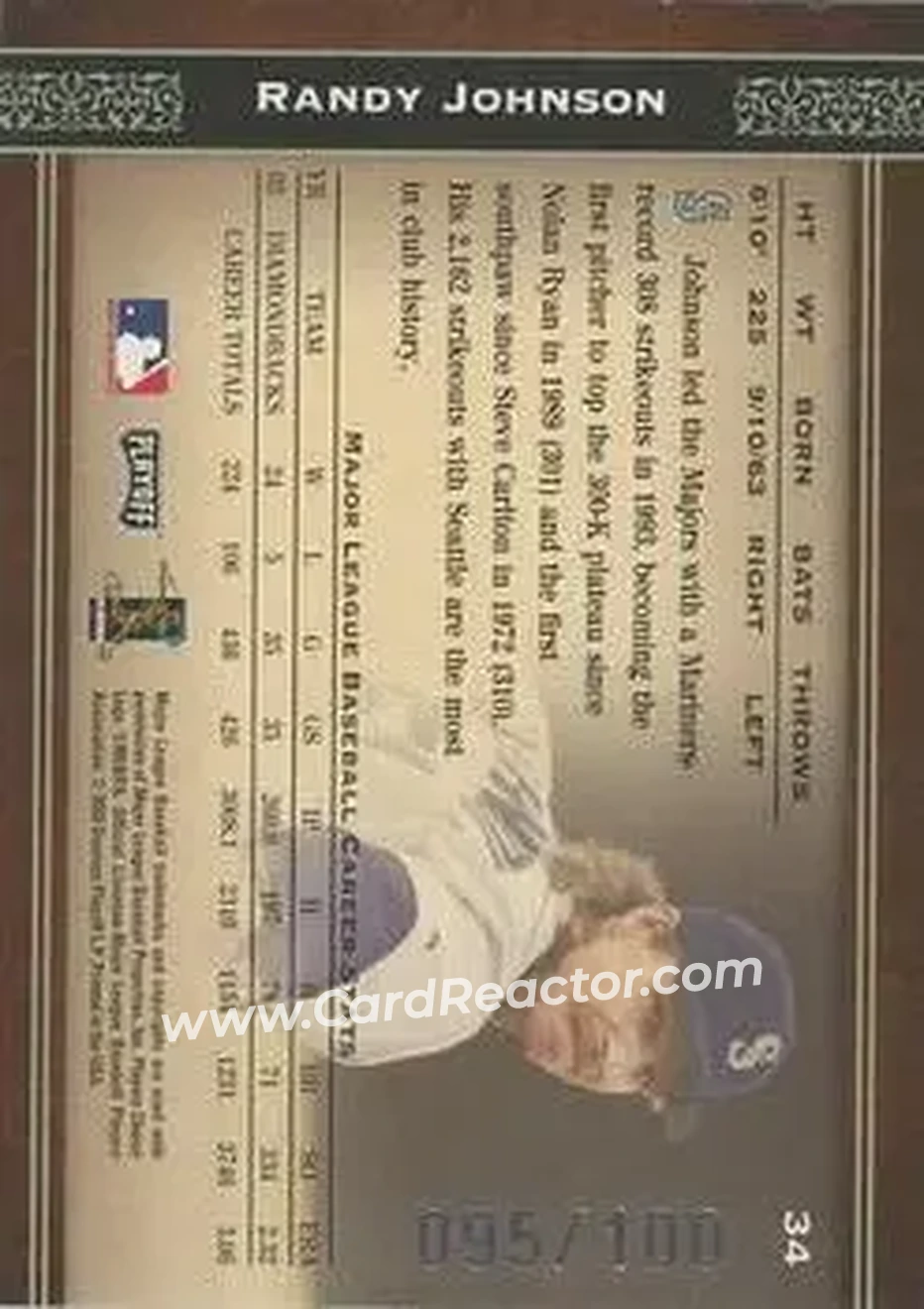 2004 Playoff Prime Cuts - Century #34 - Randy Johnson - Seattle Mariners - Back