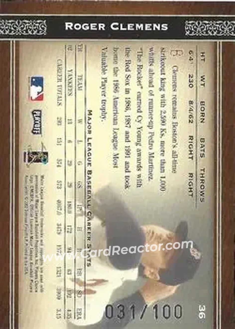 2004 Playoff Prime Cuts - Century #36 - Roger Clemens - Boston Red Sox - Back