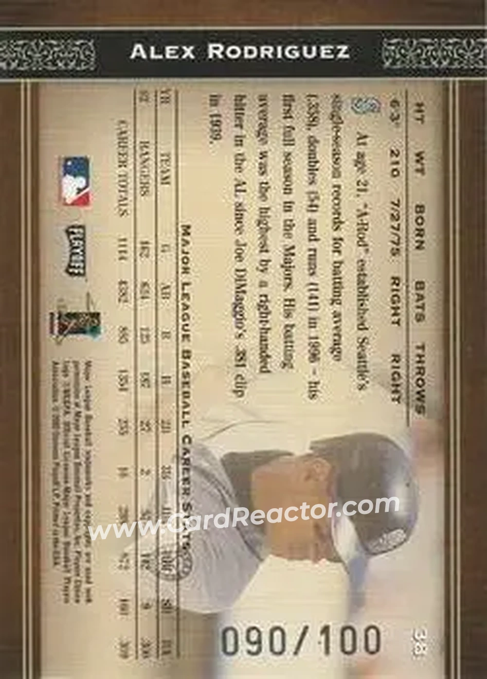2004 Playoff Prime Cuts - Century #38 - Alex Rodriguez - Seattle Mariners - Back