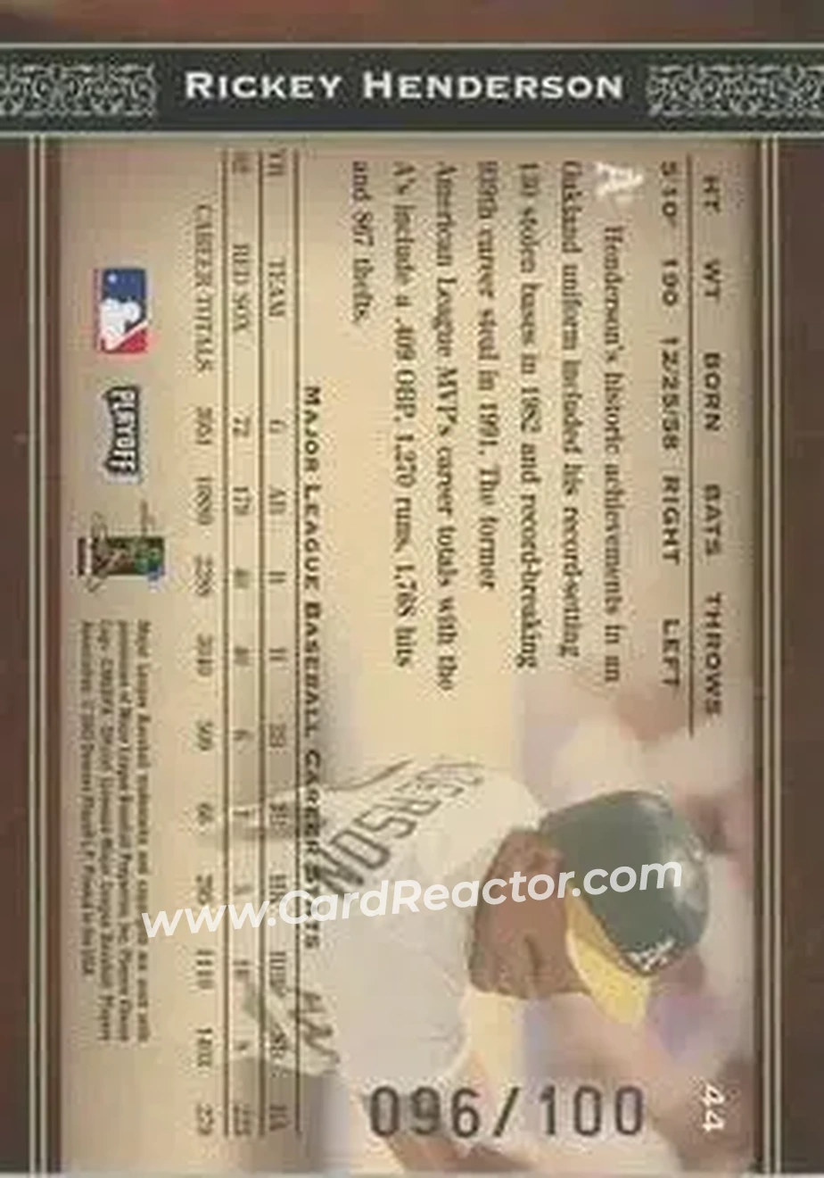 2004 Playoff Prime Cuts - Century #44 - Rickey Henderson - Oakland Athletics - Back