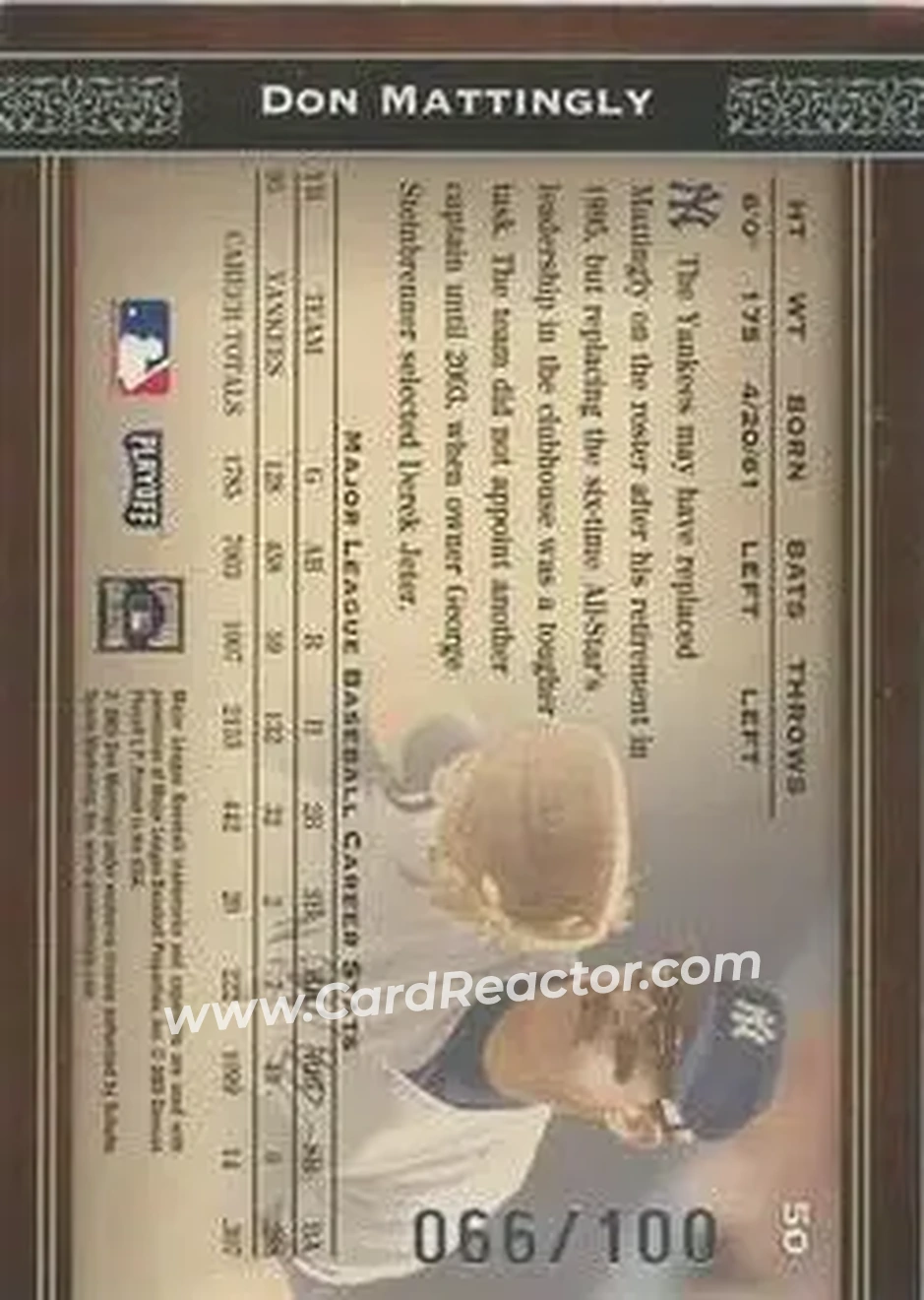 2004 Playoff Prime Cuts - Century #50 - Don Mattingly - New York Yankees - Back