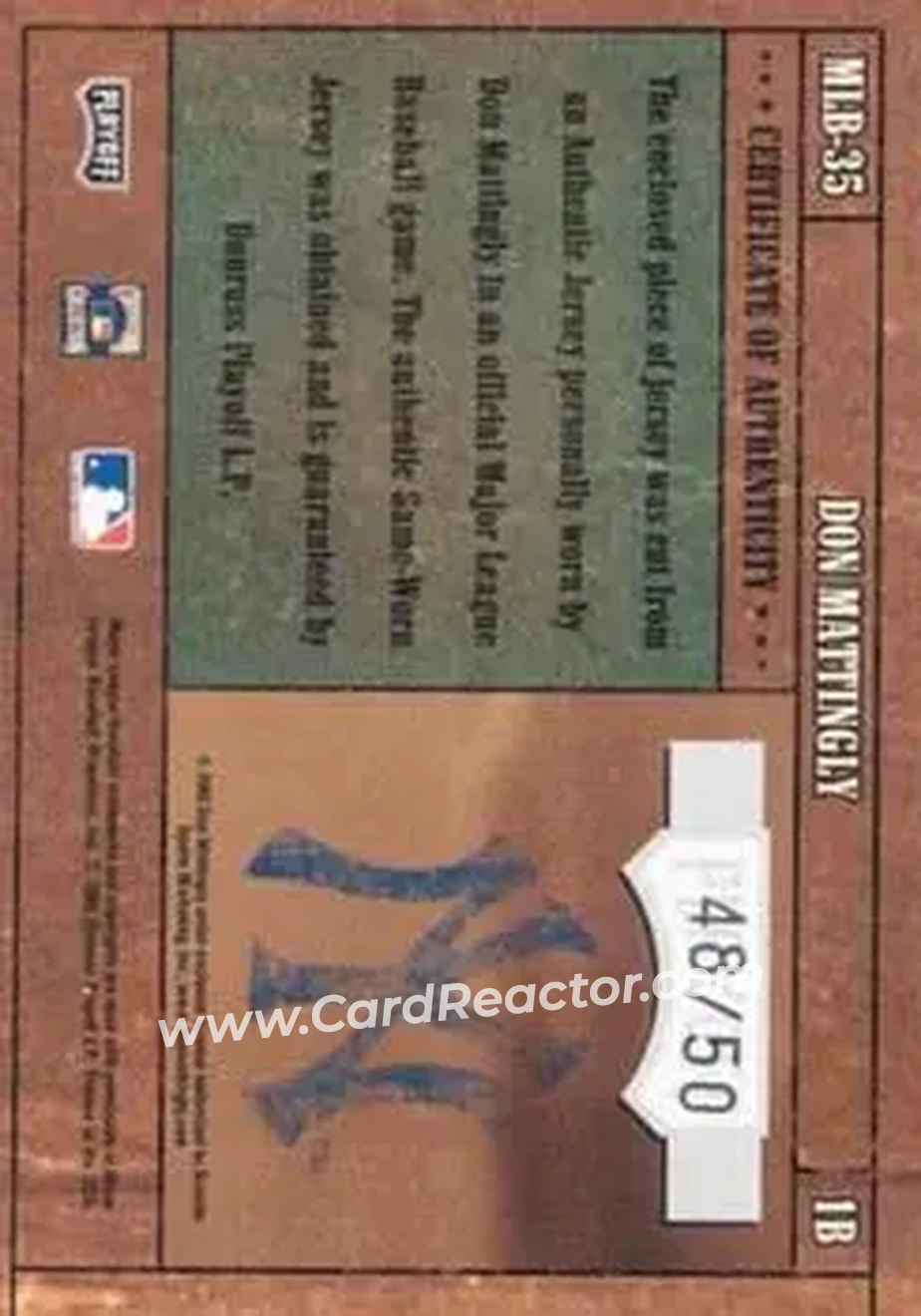 2004 Playoff Prime Cuts - MLB Icons Material #MLB-35 - Don Mattingly - New York Yankees - Back