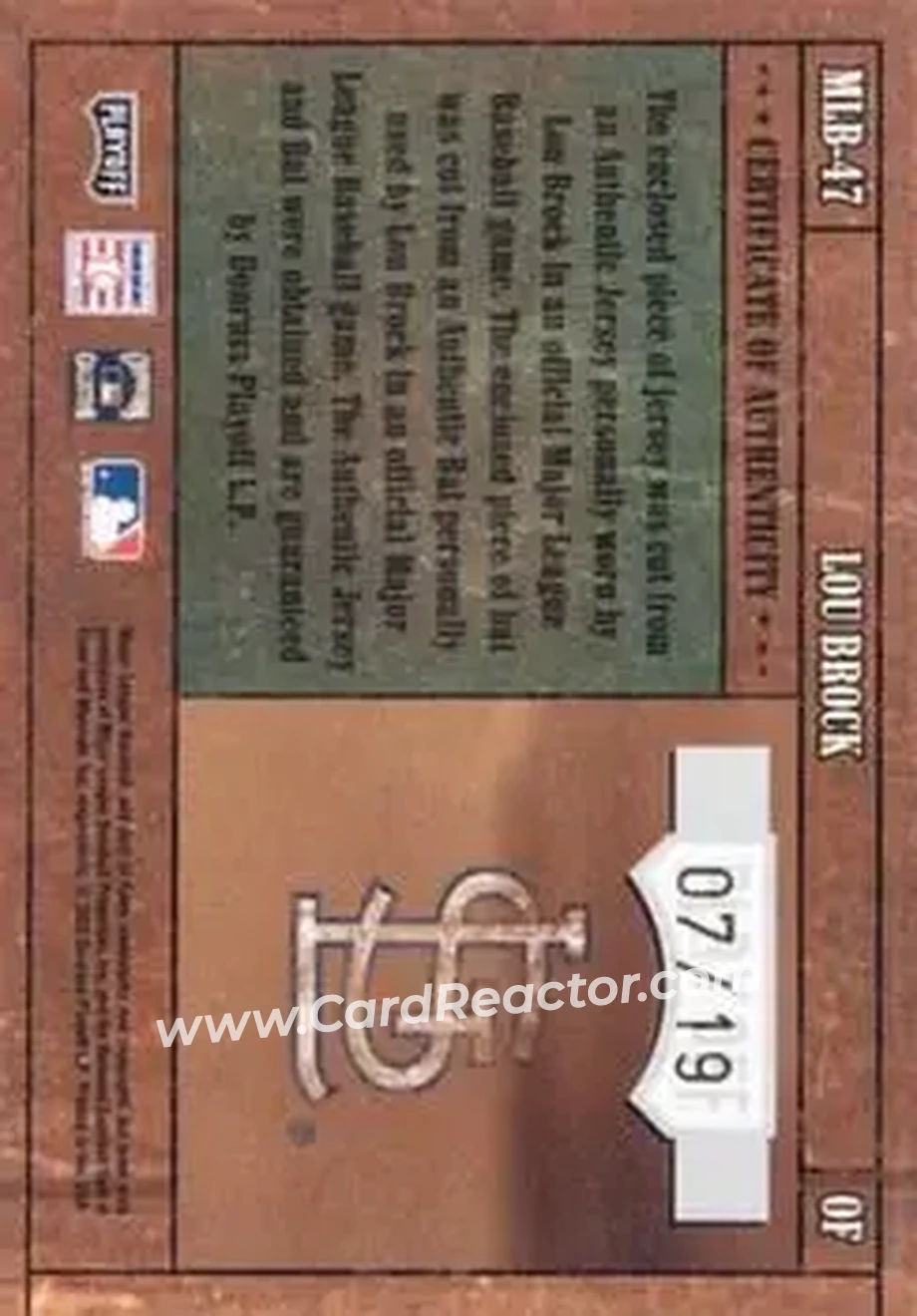 2004 Playoff Prime Cuts - MLB Icons Material Combos Prime #MLB-47 - Lou Brock - St. Louis Cardinals - Back