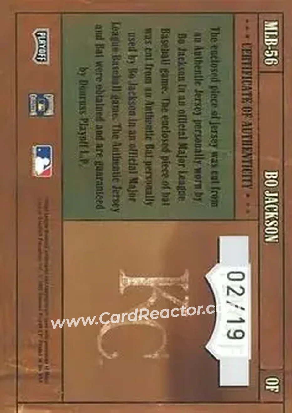 2004 Playoff Prime Cuts - MLB Icons Material Combos Prime #MLB-56 - Bo Jackson - Kansas City Royals - Back