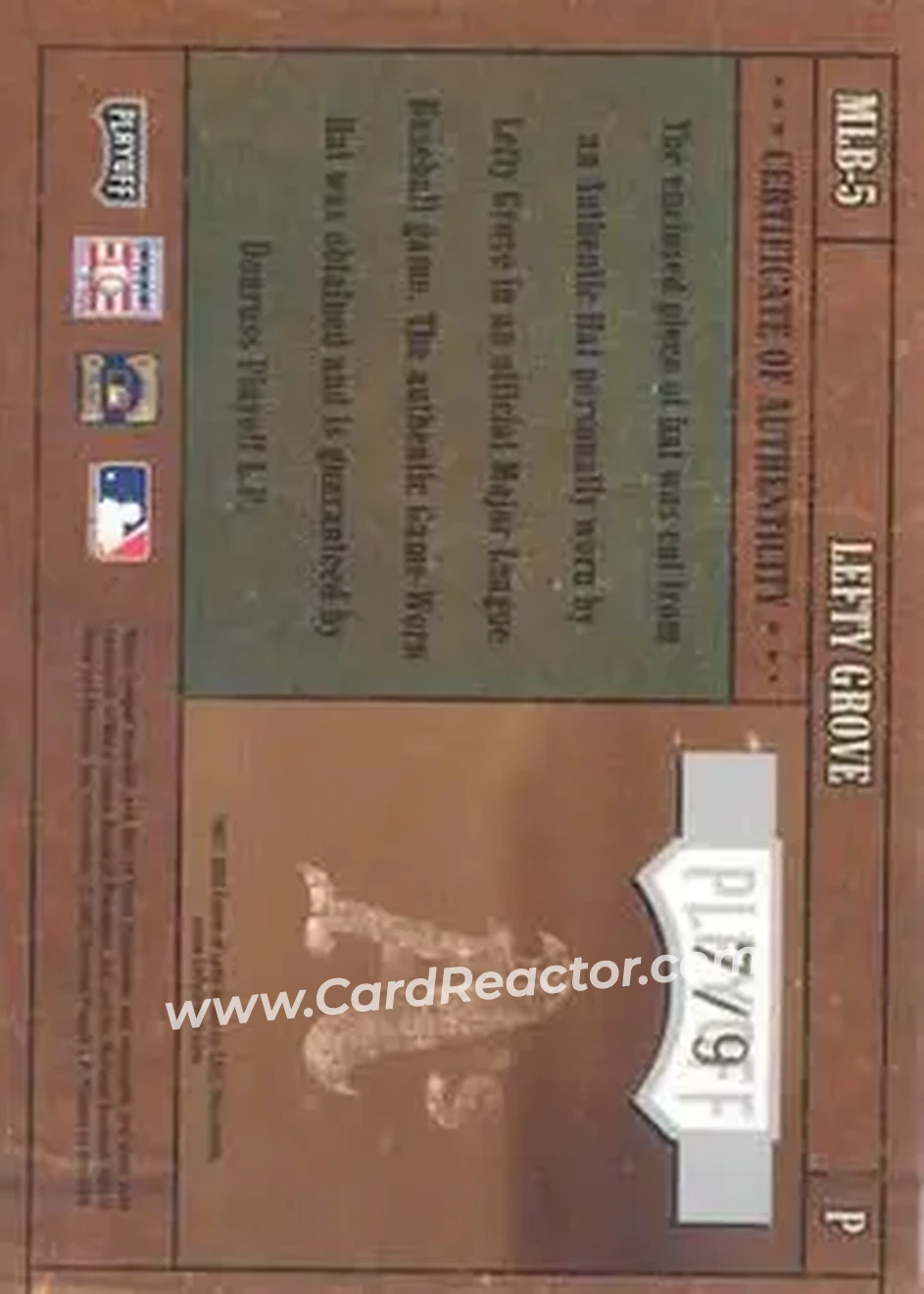 2004 Playoff Prime Cuts - MLB Icons Material Prime #MLB-5 - Lefty Grove - Philadelphia Athletics - Back 2004 Playoff Prime Cuts - MLB Icons Material Prime #MLB-5 - Lefty Grove - Philadelphia Athletics - Back