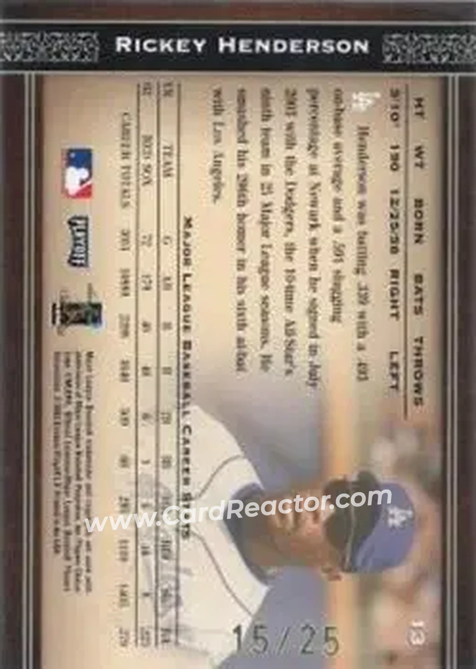 2004 Playoff Prime Cuts - Signature #13 - Rickey Henderson - Los Angeles Dodgers - Back