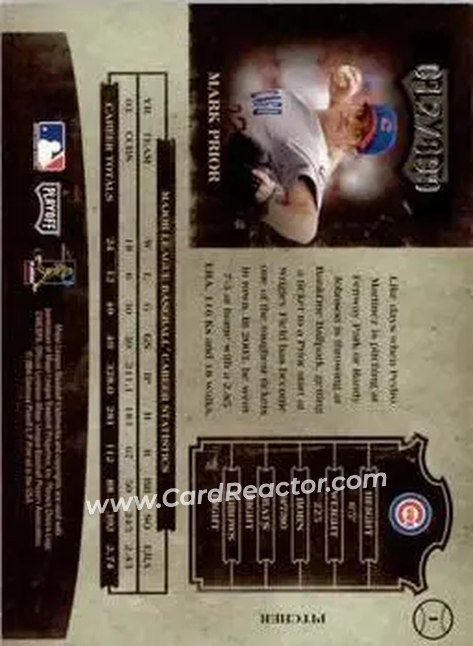 2004 Playoff Prime Cuts II #1 - Mark Prior - Chicago Cubs - Back 2004 Playoff Prime Cuts II #1 - Mark Prior - Chicago Cubs - Back