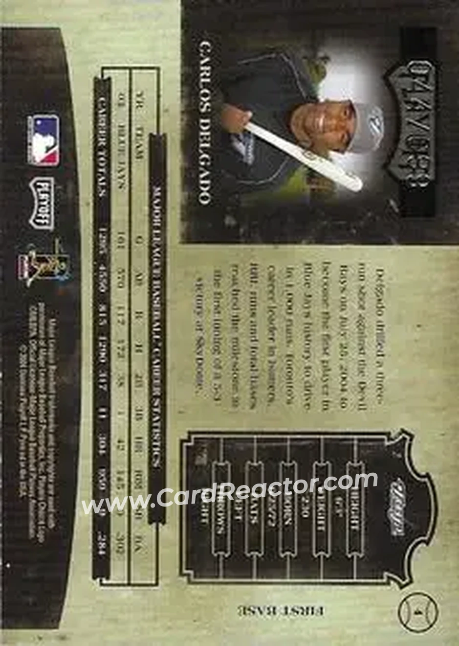 2004 Playoff Prime Cuts II #4 - Carlos Delgado - Toronto Blue Jays - Back