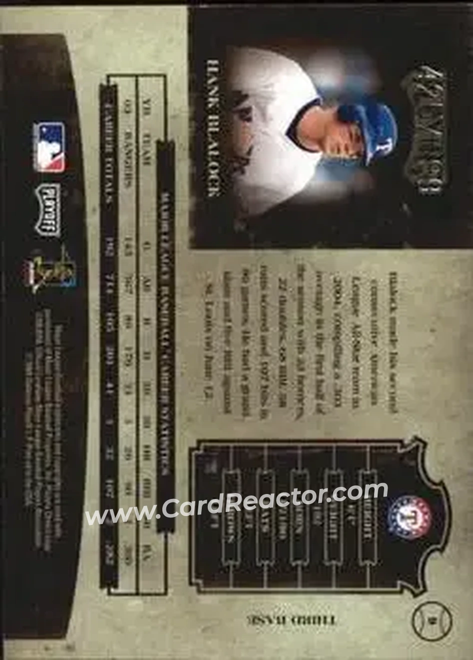 2004 Playoff Prime Cuts II #9 - Hank Blalock - Texas Rangers - Back