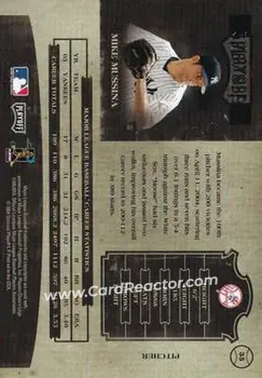 2004 Playoff Prime Cuts II #35 - Mike Mussina - New York Yankees - Back