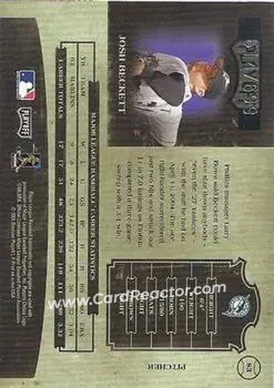 2004 Playoff Prime Cuts II #83 - Josh Beckett - Florida Marlins - Back