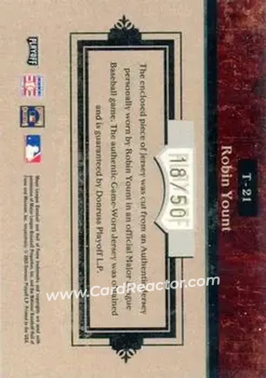 2004 Playoff Prime Cuts - Timeline Material Signature Prime #T-21 - Robin Yount - Milwaukee Brewers - Back 2004 Playoff Prime Cuts - Timeline Material Signature Prime #T-21 - Robin Yount - Milwaukee Brewers - Back