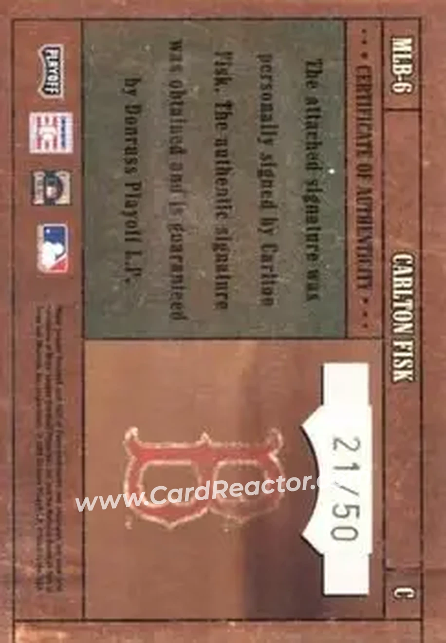 2004 Playoff Prime Cuts - MLB Icons Signature #MLB-6 - Carlton Fisk - Boston Red Sox - Back