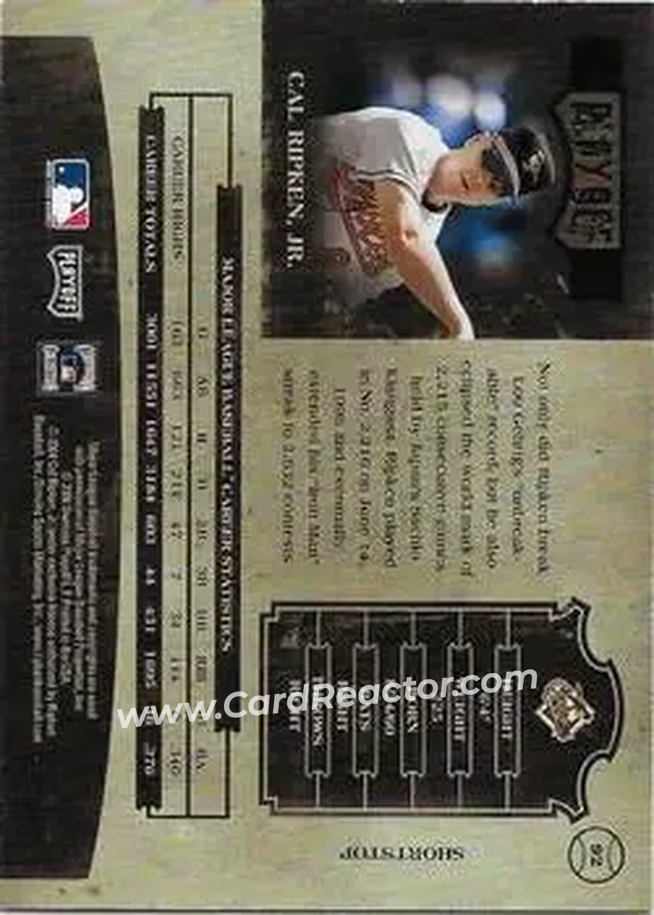 2004 Playoff Prime Cuts II - Century Silver #92 - Cal Ripken - Baltimore Orioles - Back