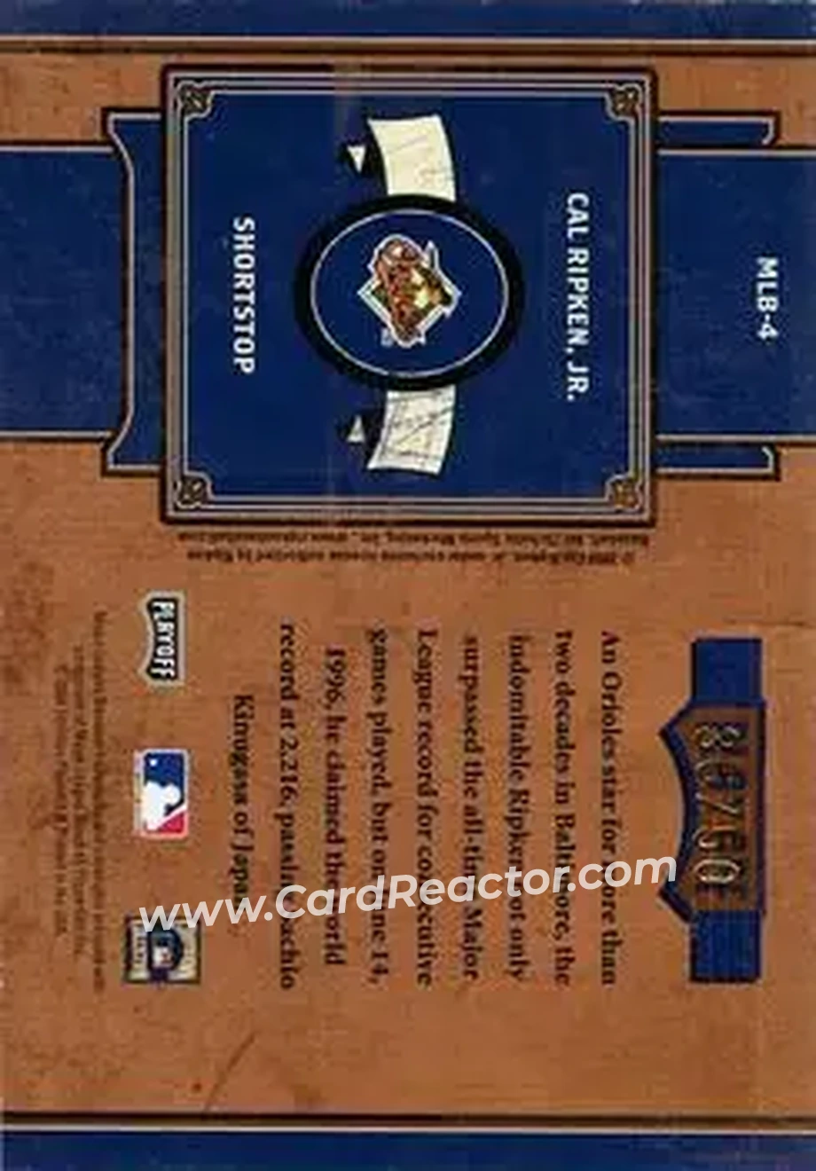 2004 Playoff Prime Cuts II - MLB Icons #MLB-4 - Cal Ripken - Baltimore Orioles - Back