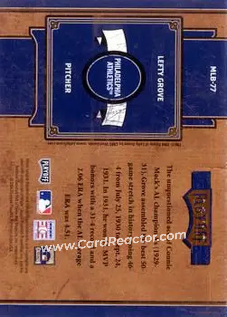 2004 Playoff Prime Cuts II - MLB Icons #MLB-77 - Lefty Grove - Philadelphia Athletics - Back