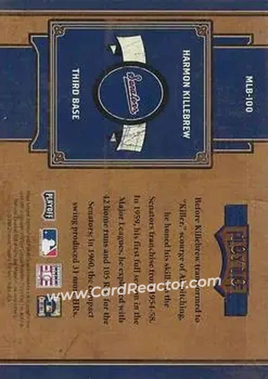 2004 Playoff Prime Cuts II - MLB Icons Century Gold #MLB-100 - Harmon Killebrew - Washington Senators - Back 2004 Playoff Prime Cuts II - MLB Icons Century Gold #MLB-100 - Harmon Killebrew - Washington Senators - Back