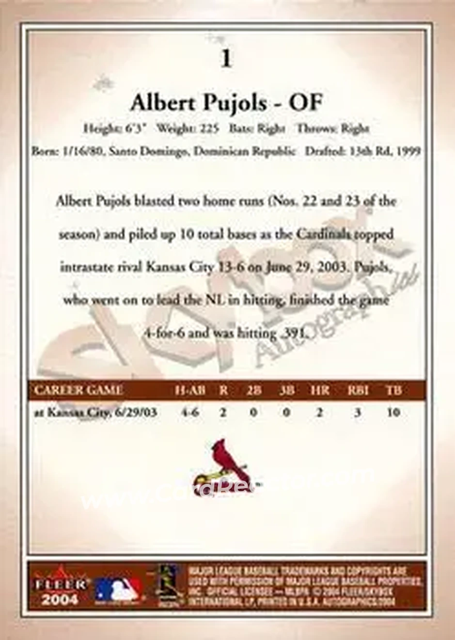 2004 SkyBox Autographics #1 - Albert Pujols - St. Louis Cardinals - Back