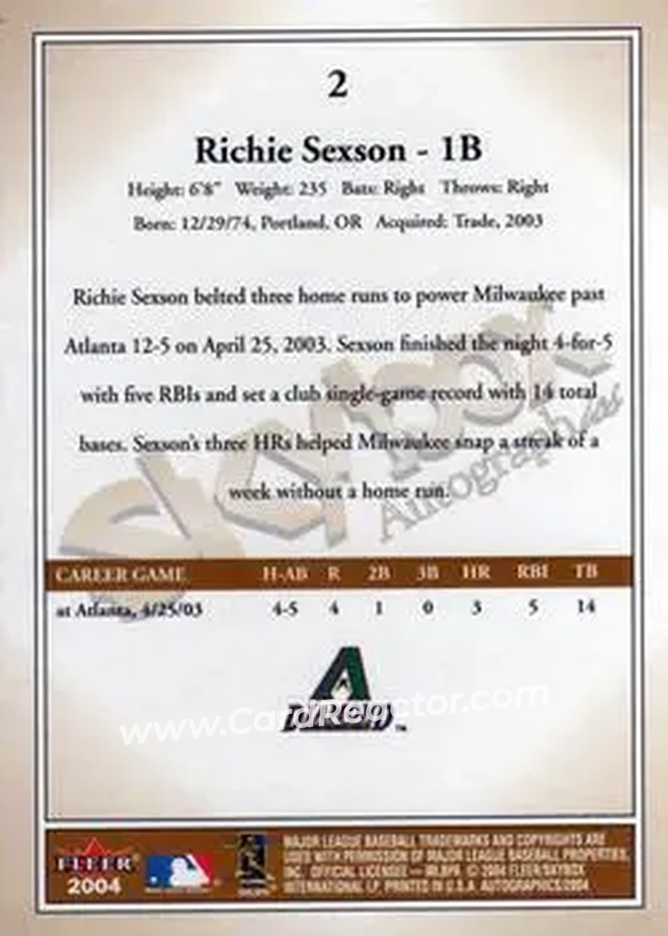 2004 SkyBox Autographics #2 - Richie Sexson - Arizona Diamondbacks - Back