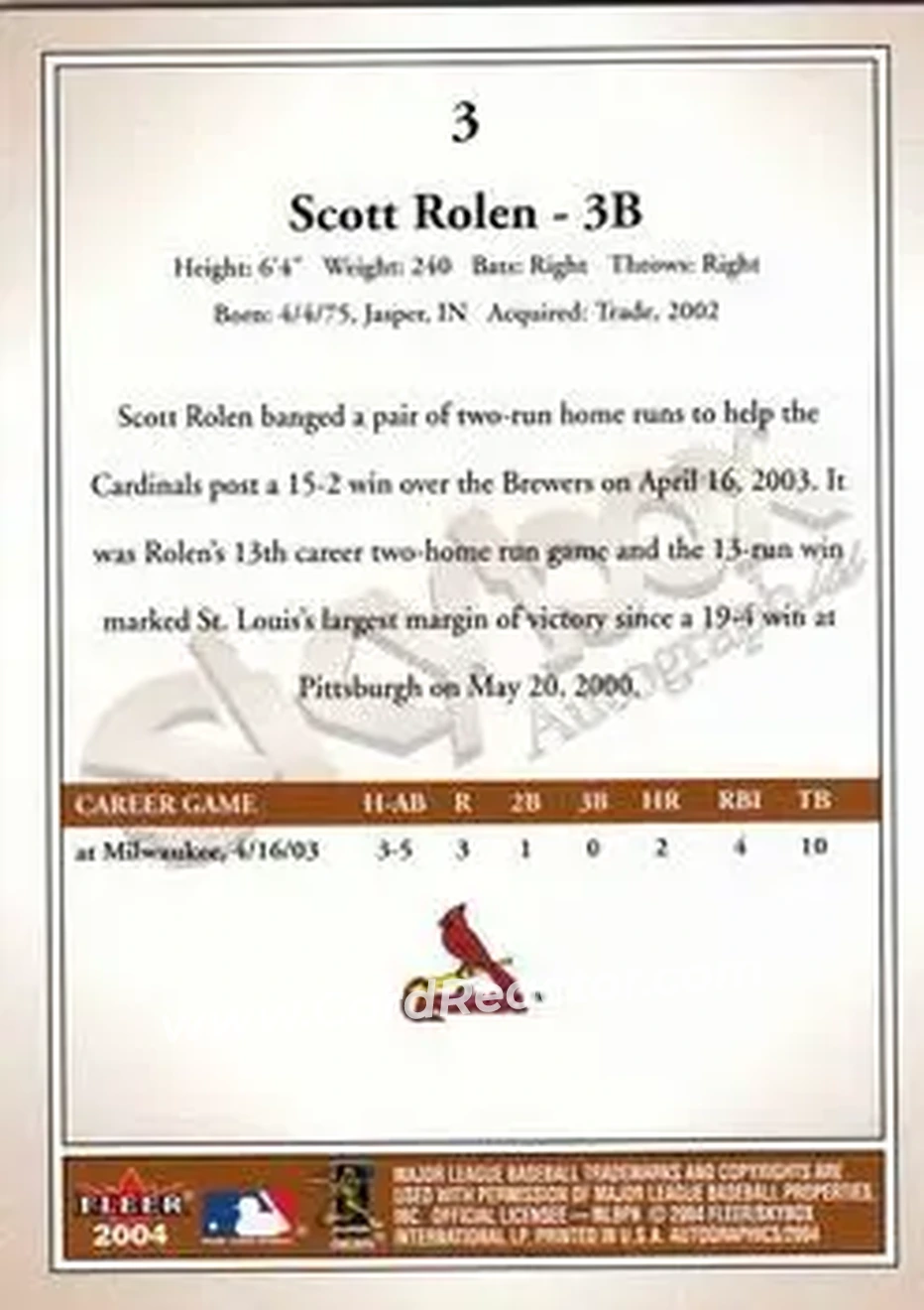2004 SkyBox Autographics #3 - Scott Rolen - St. Louis Cardinals - Back