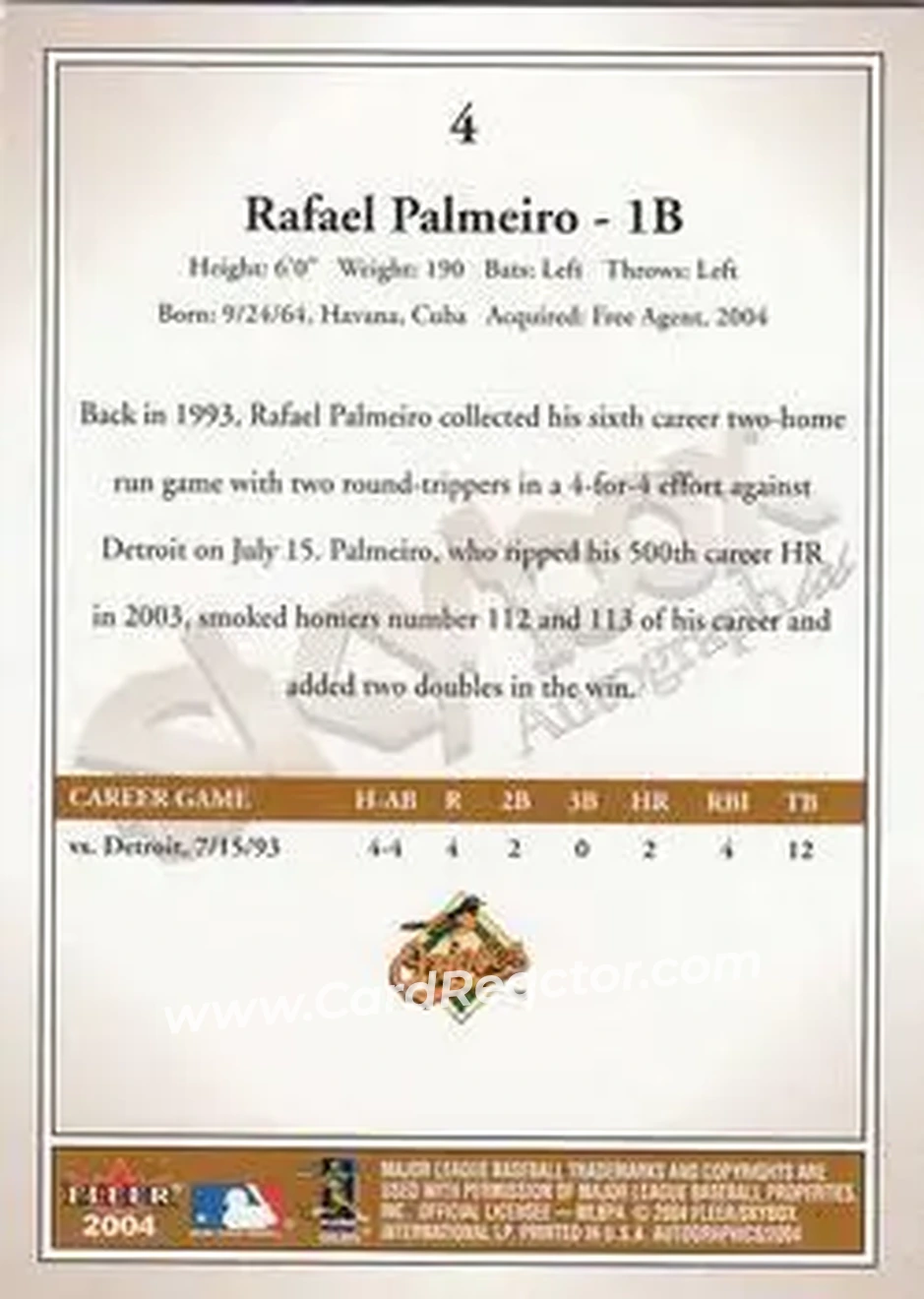 2004 SkyBox Autographics #4 - Rafael Palmeiro - Baltimore Orioles - Back
