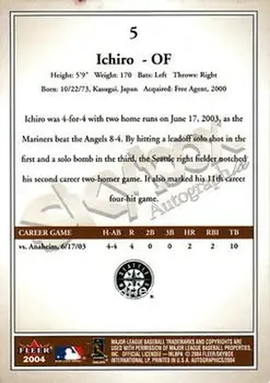 2004 SkyBox Autographics #5 - Ichiro - Seattle Mariners - Back