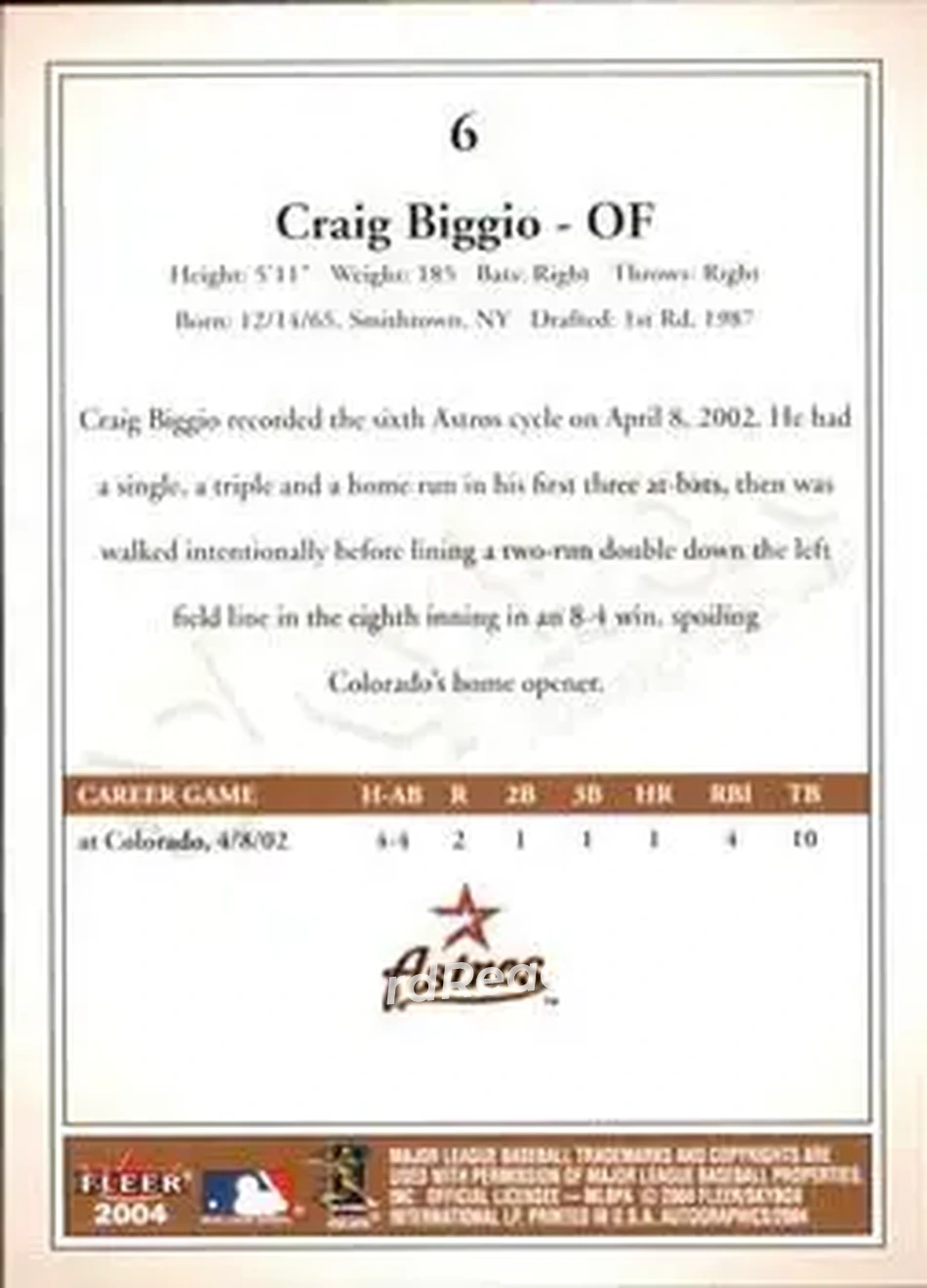 2004 SkyBox Autographics #6 - Craig Biggio - Houston Astros - Back
