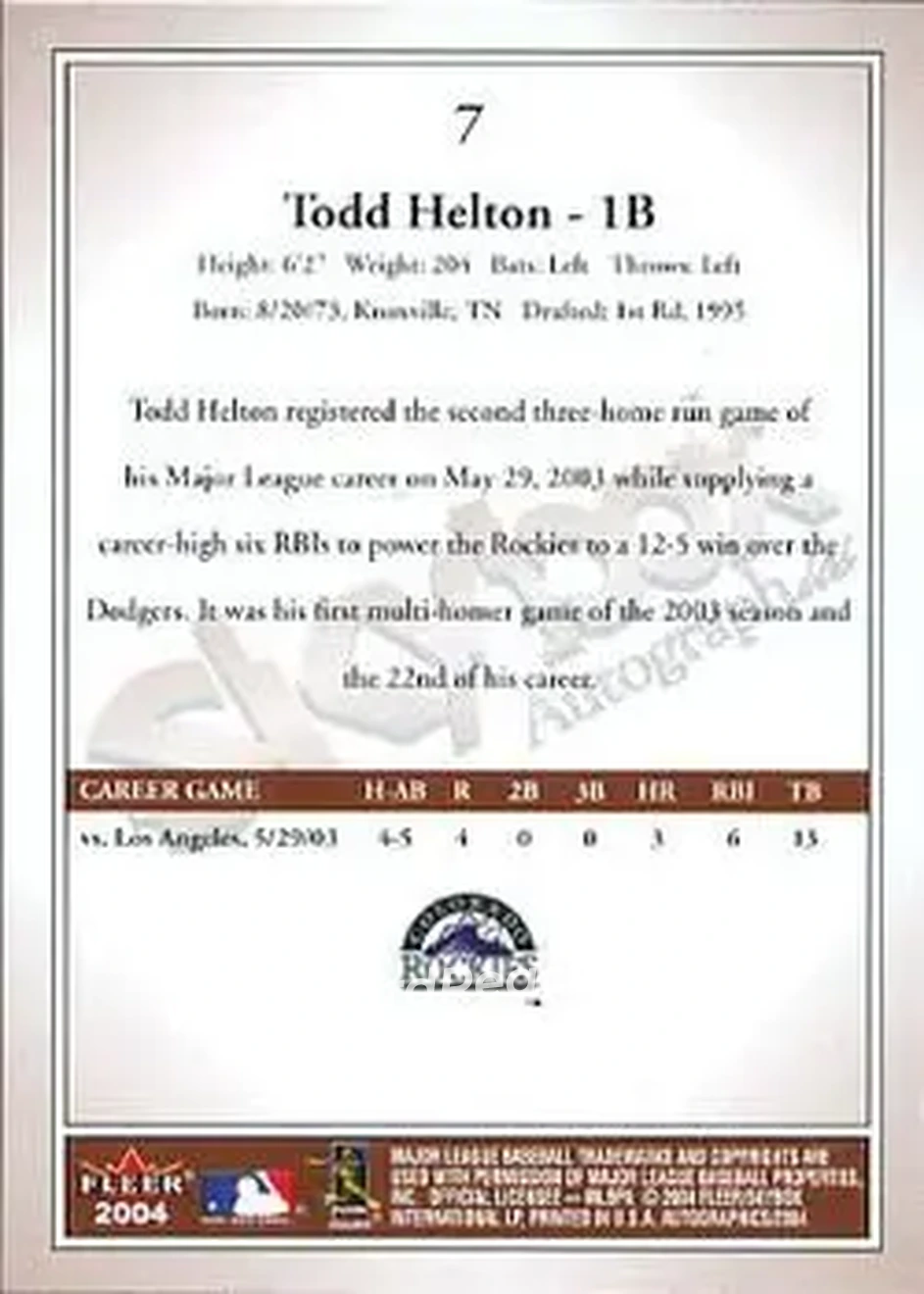 2004 SkyBox Autographics #7 - Todd Helton - Colorado Rockies - Back