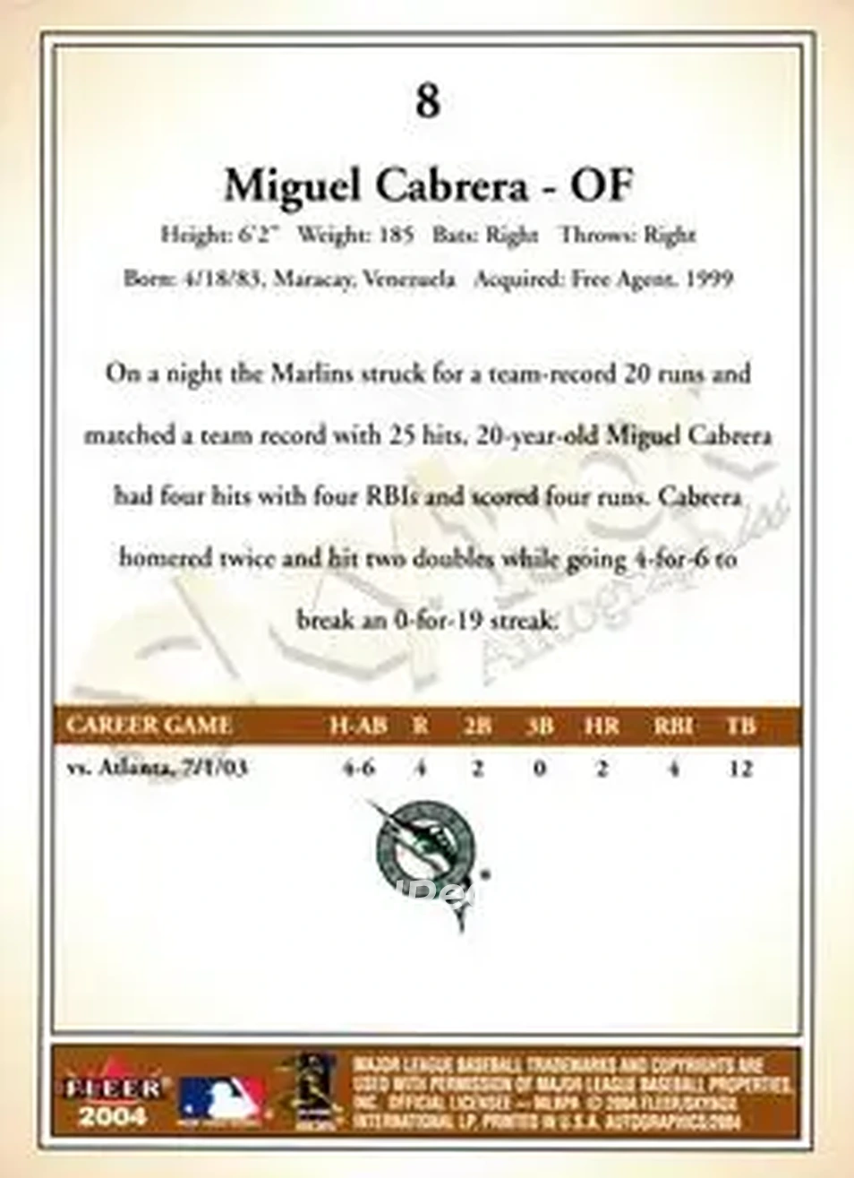 2004 SkyBox Autographics #8 - Miguel Cabrera - Florida Marlins - Back