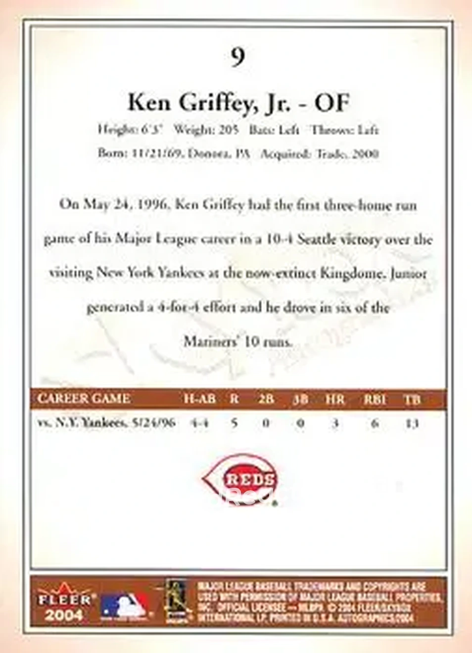 2004 SkyBox Autographics #9 - Ken Griffey Jr. - Cincinnati Reds - Back 2004 SkyBox Autographics #9 - Ken Griffey Jr. - Cincinnati Reds - Back