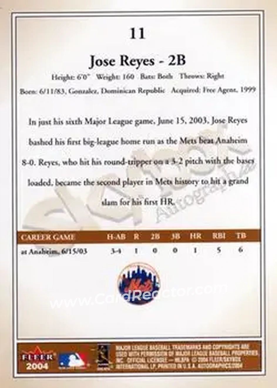 2004 SkyBox Autographics #11 - Jose Reyes - New York Mets - Back
