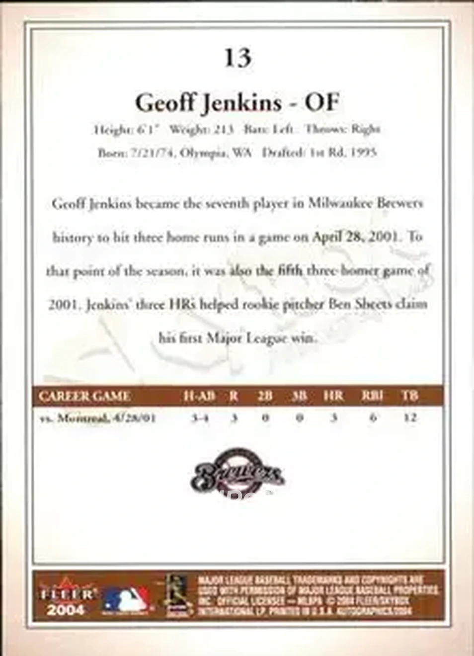 2004 SkyBox Autographics #13 - Geoff Jenkins - Milwaukee Brewers - Back 2004 SkyBox Autographics #13 - Geoff Jenkins - Milwaukee Brewers - Back