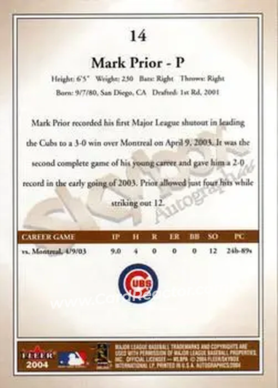 2004 SkyBox Autographics #14 - Mark Prior - Chicago Cubs - Back