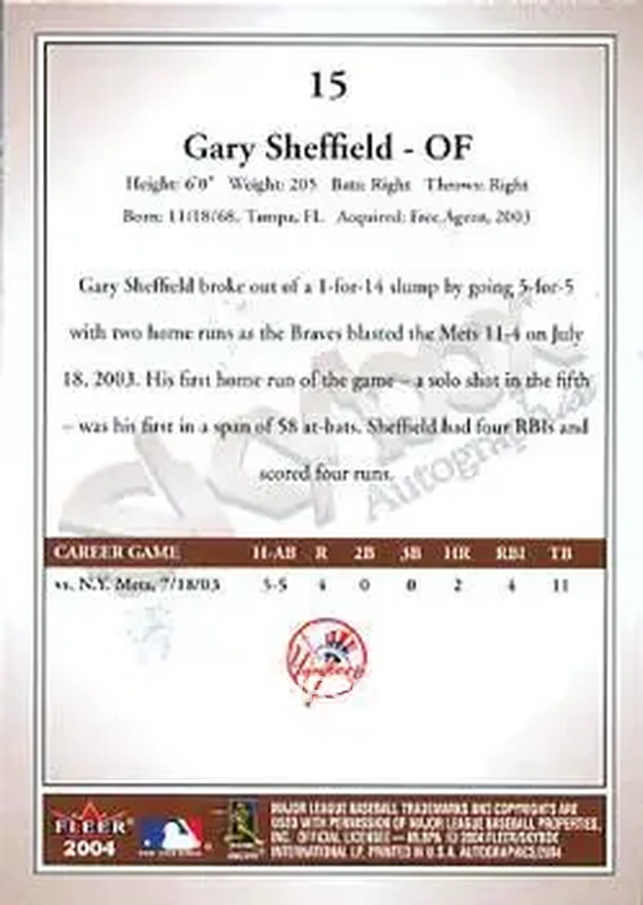 2004 SkyBox Autographics #15 - Gary Sheffield - New York Yankees - Back 2004 SkyBox Autographics #15 - Gary Sheffield - New York Yankees - Back