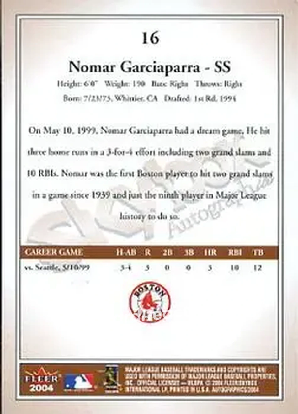 2004 SkyBox Autographics #16 - Nomar Garciaparra - Boston Red Sox - Back