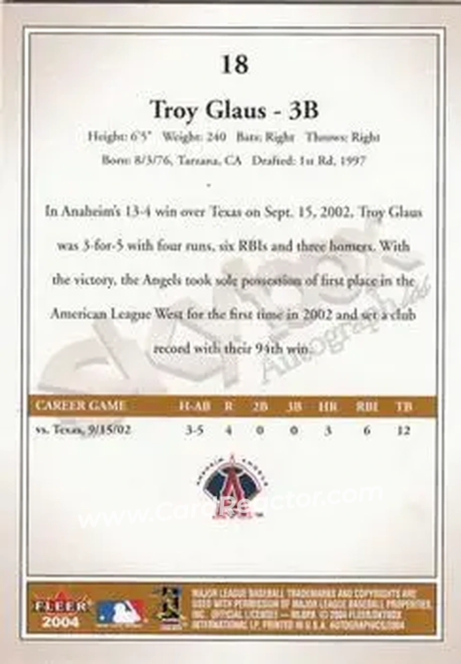 2004 SkyBox Autographics #18 - Troy Glaus - Anaheim Angels - Back