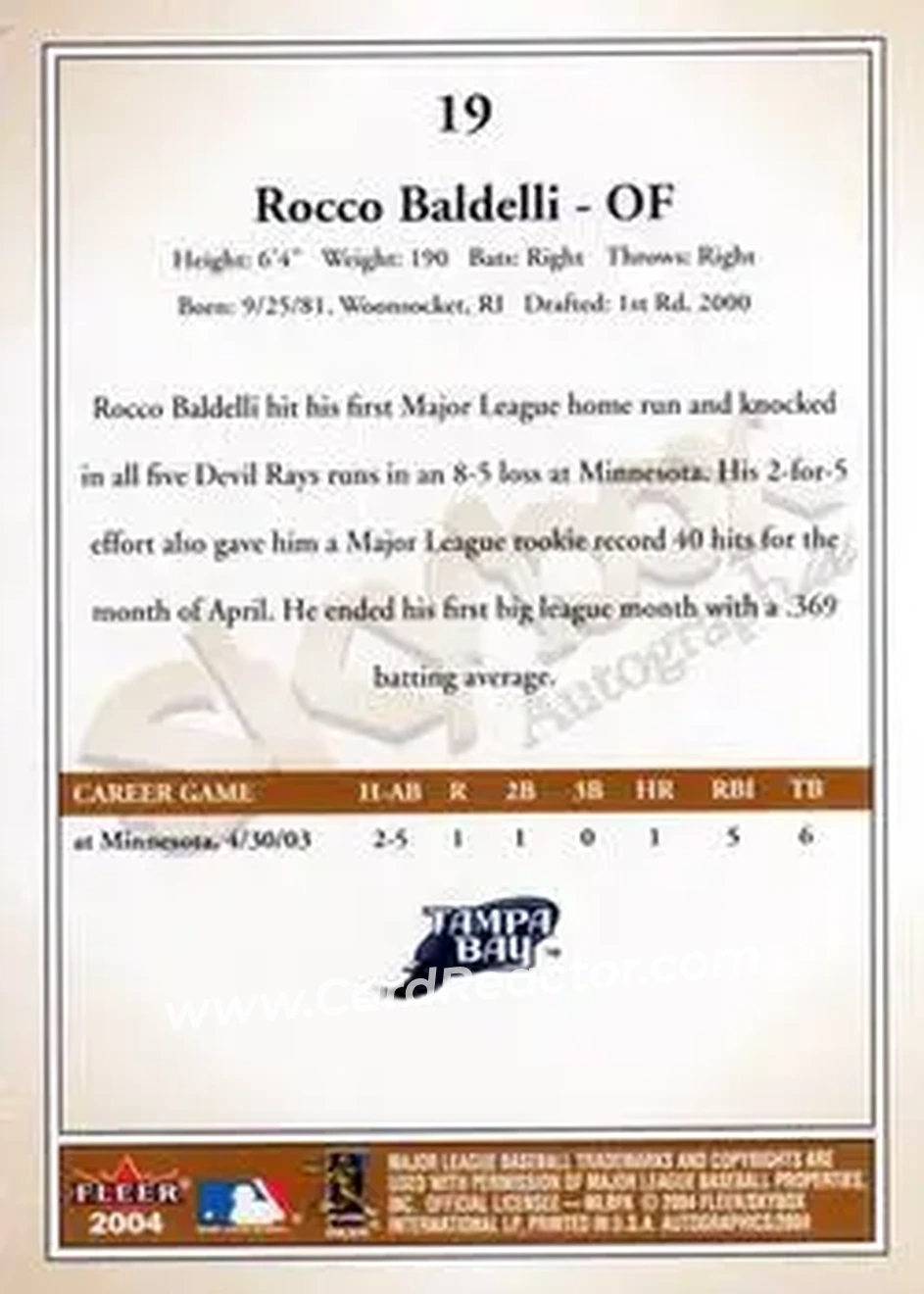 2004 SkyBox Autographics #19 - Rocco Baldelli - Tampa Bay Devil Rays - Back