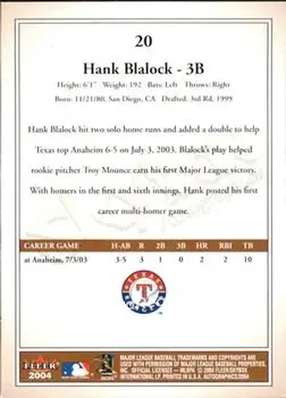 2004 SkyBox Autographics #20 - Hank Blalock - Texas Rangers - Back